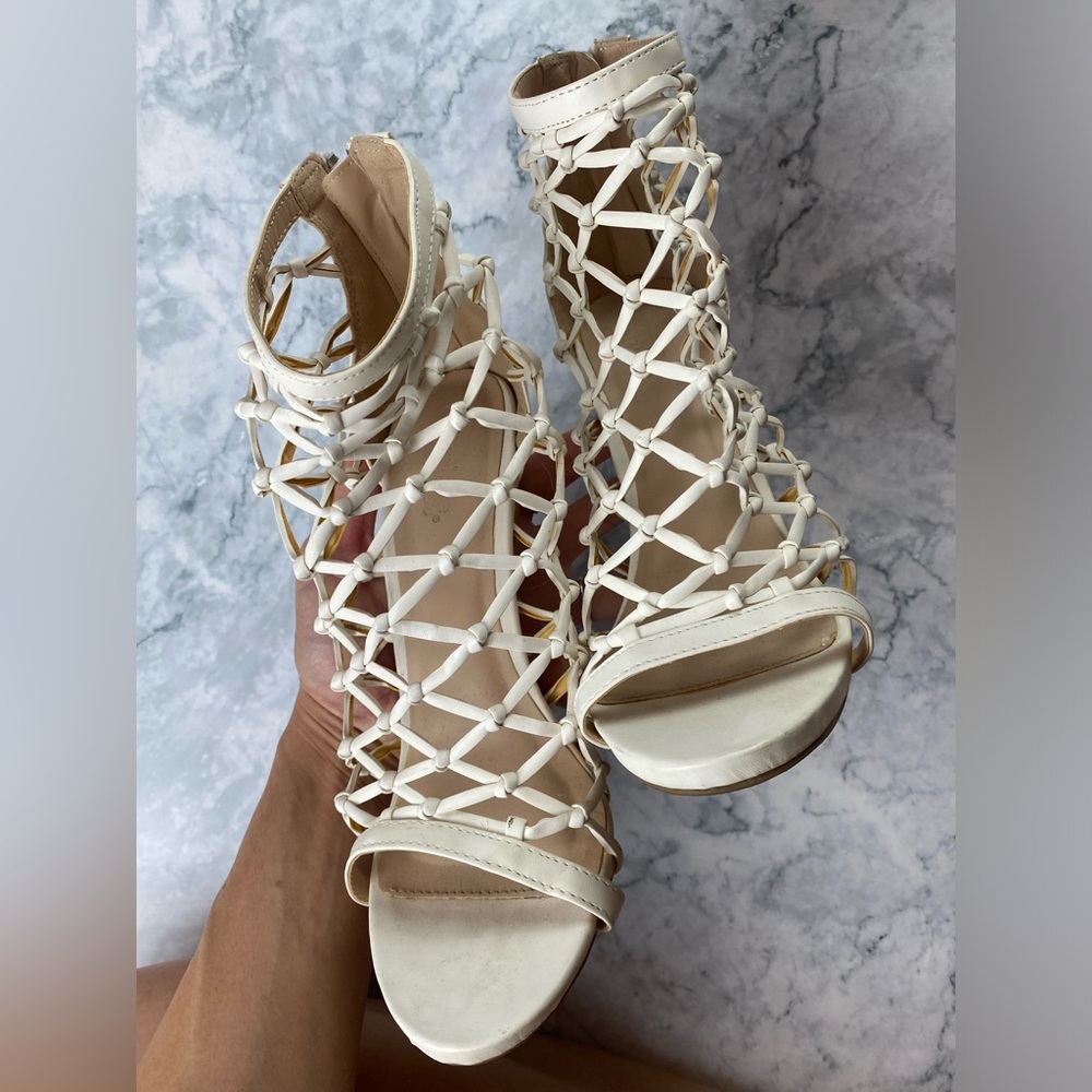 Braided Cage High Heel Sandals in Cream - Women's Fashion Heels